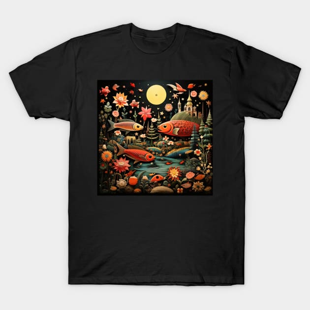 Surrealistic Folk Art Dark Floral Motif Fish Design T-Shirt by The Little Store Of Magic